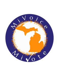 Circular Blue Image with the text MiVoice MiVote.Inside the picture is a map of Michigan surrounded by sound waves